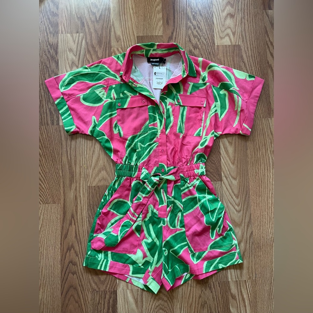Pink and Green Leaf Print Romper- DESIGUAL